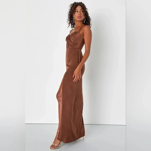 Lulus Lovely Drama Brown Satin Sleeveless A-Line Maxi Dress Wedding Party Prom - Picture 4 of 12